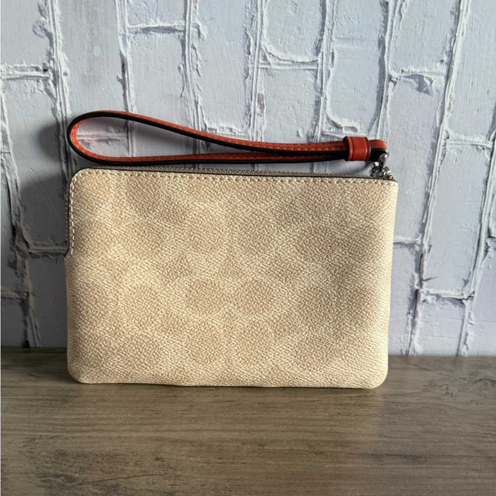 Coach Corner Zip Wristlet Canvas With Stripe orange/silver small pouch CW854 - Picture 2 of 6